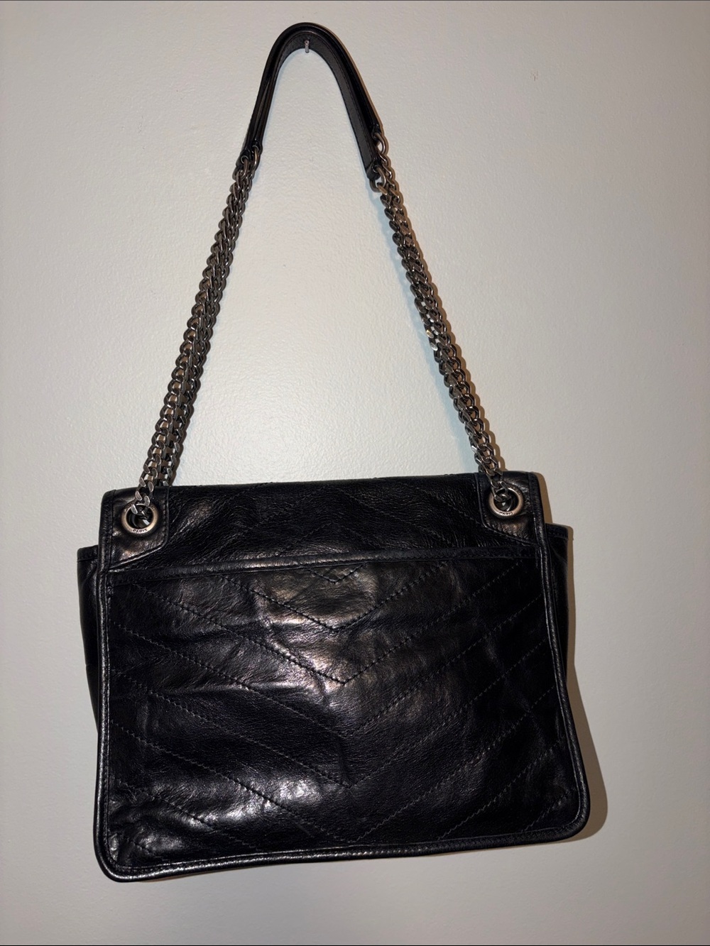 Black Leather Chain-Handle Shoulder Bag